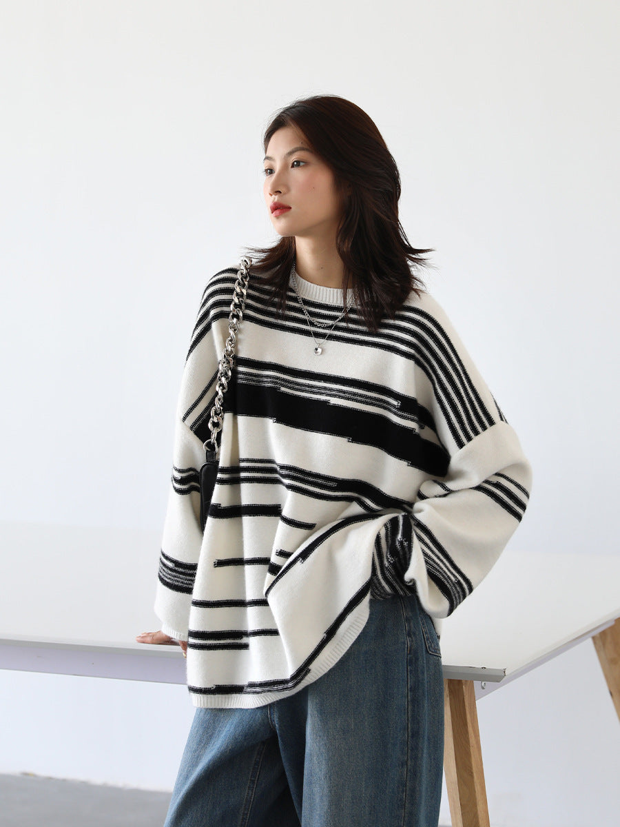 Street Casual Loose Irregular Stripe Sweater Women